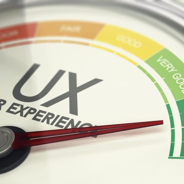 3D illustration of an user experience gauge with the needle pointing excellent UX. Marketing concept