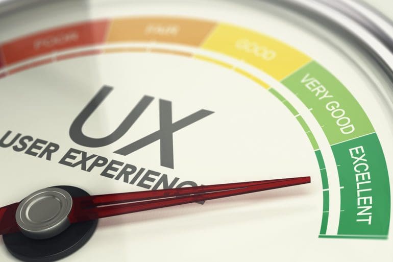 3D illustration of an user experience gauge with the needle pointing excellent UX. Marketing concept