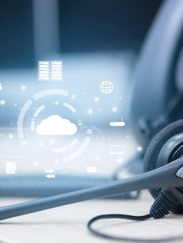 close up on headset telephone with cloud data center to synchronize on SaaS host server to working on system for futuristic technology and business marketing concept