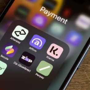 Assorted payment apps offering Buy Now Pay Later services are seen on an iPhone, including Afterpay, Affirm, Klarna, Sezzle, Zip (Quadpay), Perpay, and Tabby.