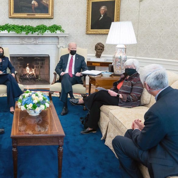 President Joe Biden and Vice President Kamala Harris receive an economic briefing from Secretary Yellen in the Oval Office, January 29, 2021. | Wikipedia