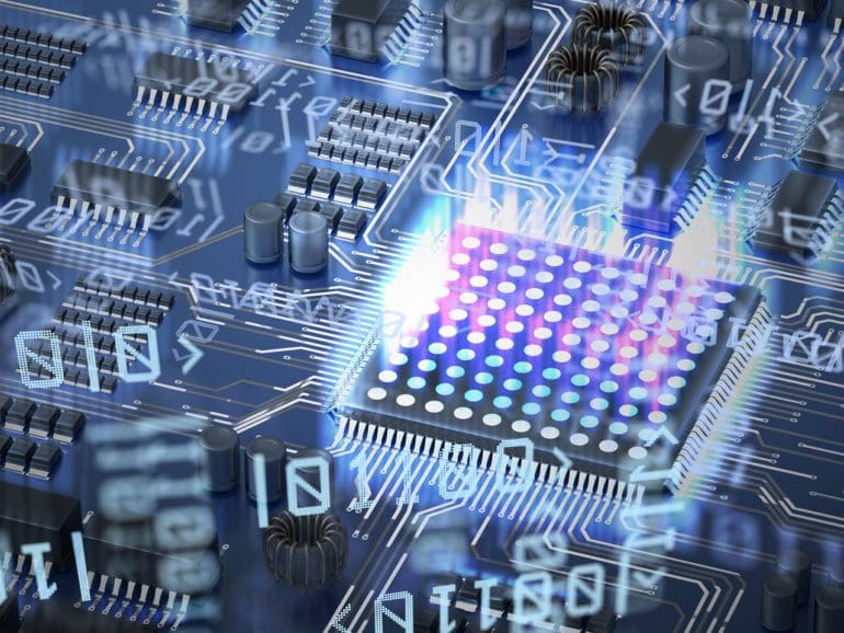 Quantum computing concept. Circuit and qubits in background. 3D rendered illustration.