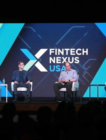 Sarah Clark, SVP of Digital Identity at Mastercard (left), Ahron Geminder (middle right), global head of product for third-party services at HSBC, and Mike Tuchen (center left), CEO at Onfido, sat down with moderator Bo Brustkern on the Fintech Nexus USA keynote stage in NYC on May 25, 2022.