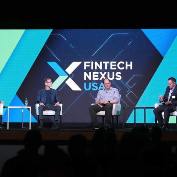 Sarah Clark, SVP of Digital Identity at Mastercard (left), Ahron Geminder (middle right), global head of product for third-party services at HSBC, and Mike Tuchen (center left), CEO at Onfido, sat down with moderator Bo Brustkern on the Fintech Nexus USA keynote stage in NYC on May 25, 2022.