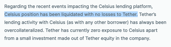 
Tether released a scathing post of their own, stating their position with Celsius was safe, and overcollateralized.