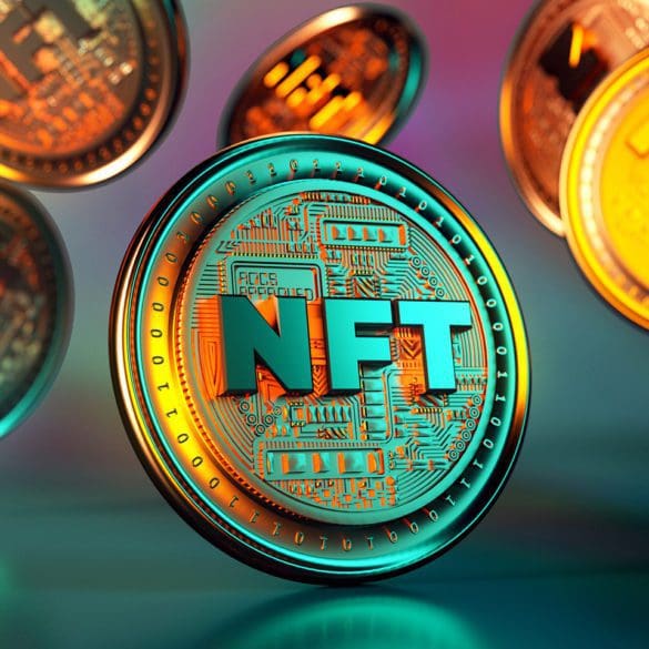 NFT non fungible token golden coins falling. Trendy cryptocurrencies and coins on the blockchain technology. Close up view of crypto money in 3D rendering