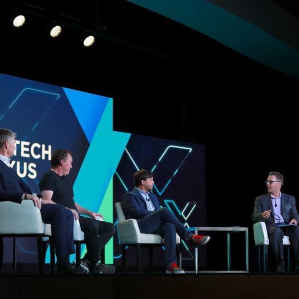 During a fireside chat, Co-founder and CEO of Figure Mike Cagney(center Left) Wade Peery, CAO of FirstBank, (Left) and Matthew Maxey, Head of innovation at Synovus bank (Center Right), sat down with Peter Renton to discuss the future of stablecoin payments on the Fintech Nexus Keynote stage on May 26th, 2022 in New York City.