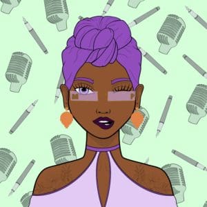 cartoon headshot of woman in purple headtie