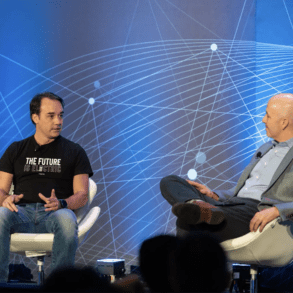 Sergio Furio, Founder and CEO of the Brazilian Loan fintech Creditas (Left) and Andres Fontao, co-founder of Finnovista on the keynote stage at the LendIt Fintech LatAm conference in Miami, Fla, on Tuesday, Dec. 7, 2021