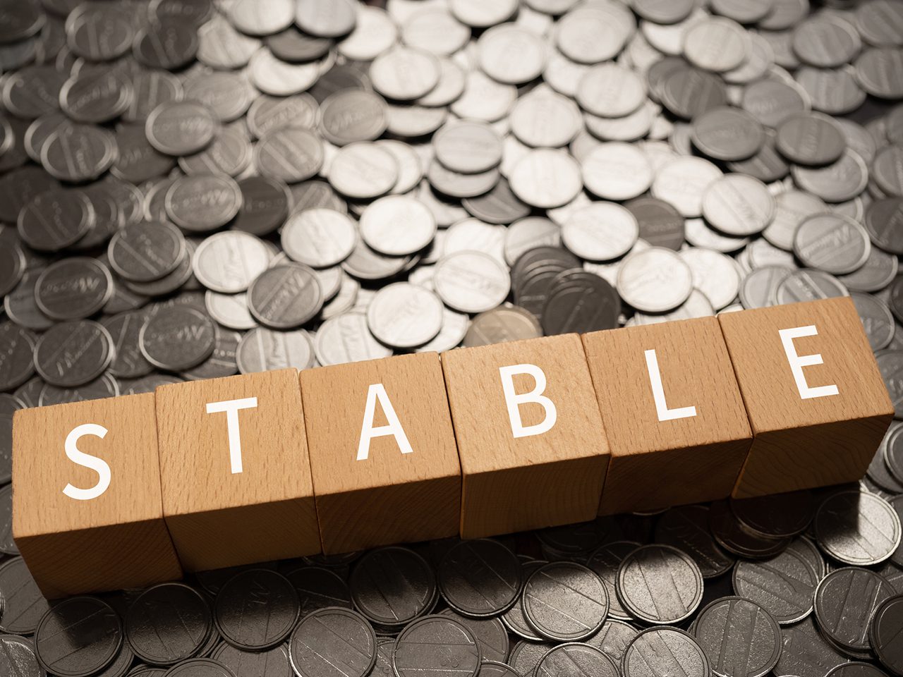 Wooden blocks with "STABLE" text of concept and coins.