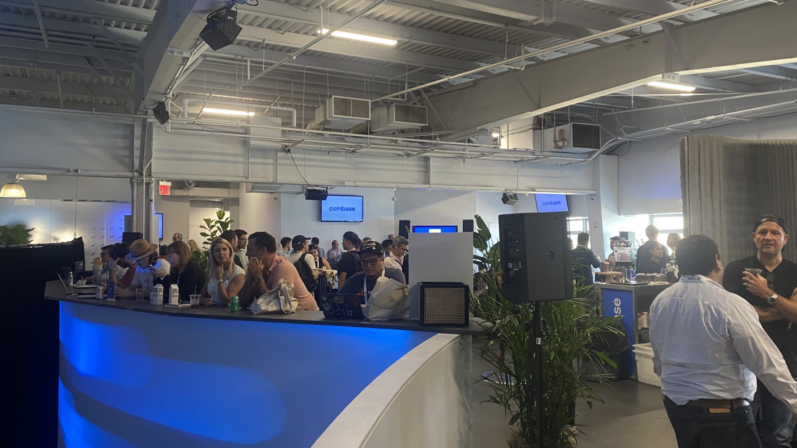 The Coinbase Lounge featured special announcemnts and a coffee bar