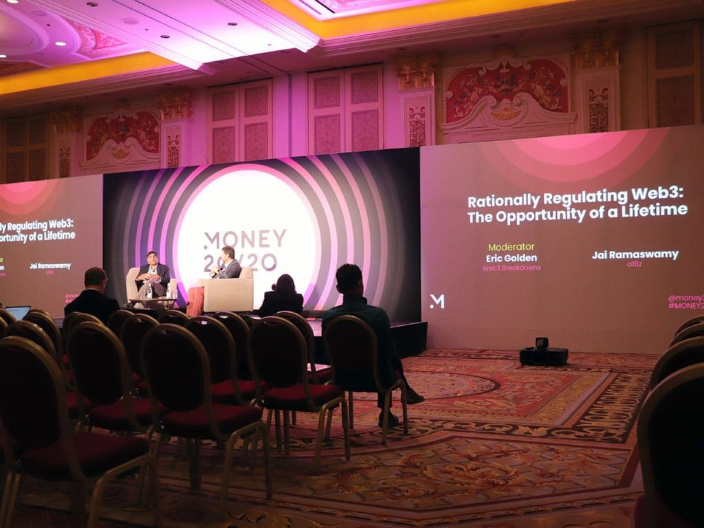 Eric Golden (right) interviews Jai Ramaswamy of a16z at Money 20/20 in Las Vegas on Oct. 23, 2022. | John K. White