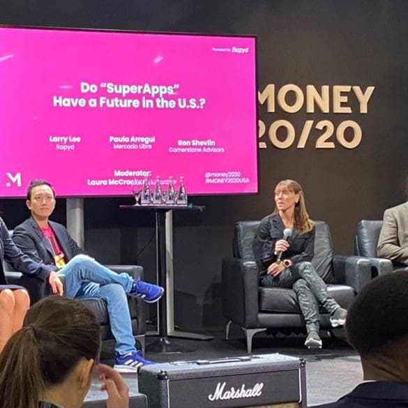 Laura McCracken Managing Director, eCommerce & Payments (Far left,) Larry Lee Global Head of Financial Networks Rapyd (Center Left,) Paula Arregui COO Mercado Pago (Center Right,) and Ron Shevlin Chief Research Officer Cornerstone Advisors on the Build Bold stage at Money 2020, October 25 2022 in Las Vegas Nv