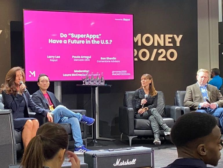 Laura McCracken Managing Director, eCommerce & Payments (Far left,) Larry Lee Global Head of Financial Networks Rapyd (Center Left,) Paula Arregui COO Mercado Pago (Center Right,) and Ron Shevlin Chief Research Officer Cornerstone Advisors on the Build Bold stage at Money 2020, October 25 2022 in Las Vegas Nv