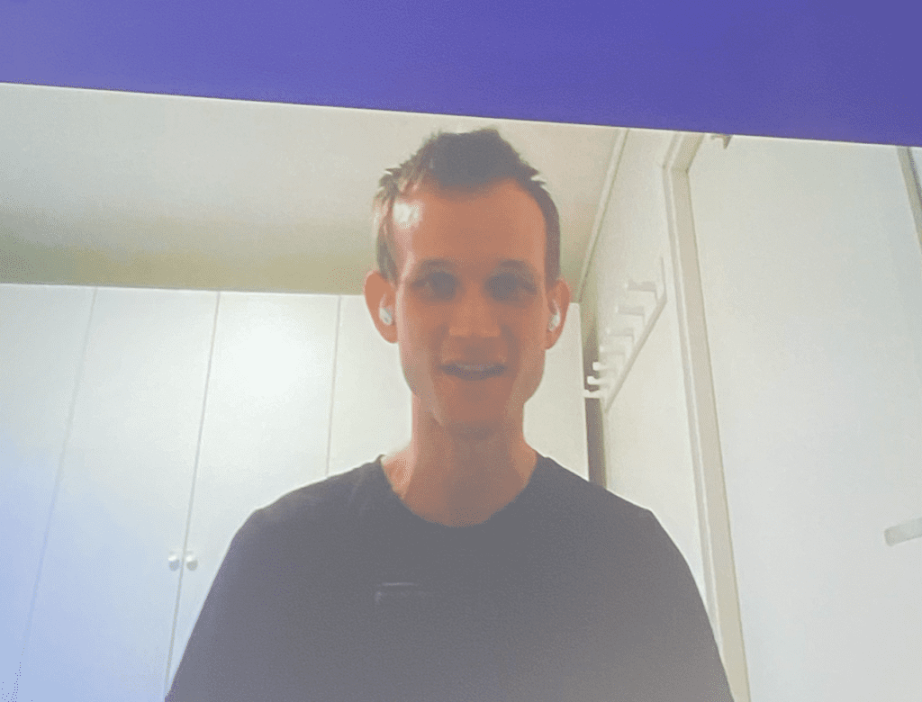 eth founder Vitalik Buterin speaking over Zoom at the Mainnet conference on September 23, 2022