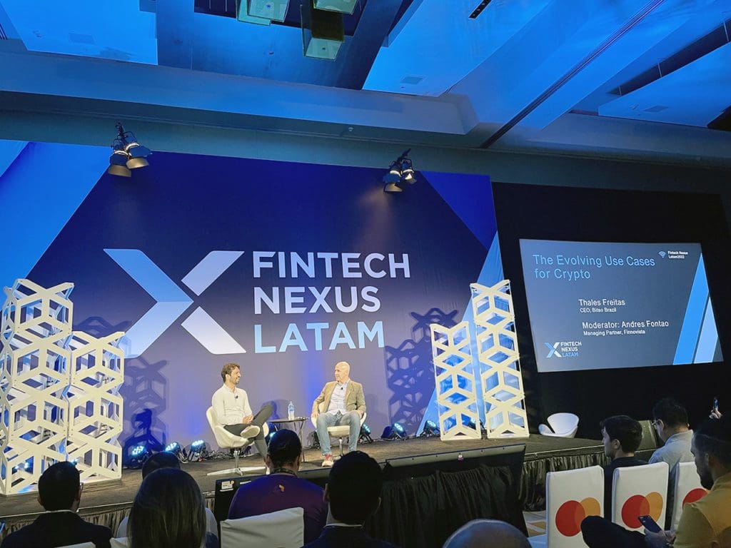 Thales Freitas, left, Bitso Brazil with moderator Andres Fontao, Finnovista, during their session at Fintech Nexus LatAm 2022 in Miami on Dec. 13, 2022.