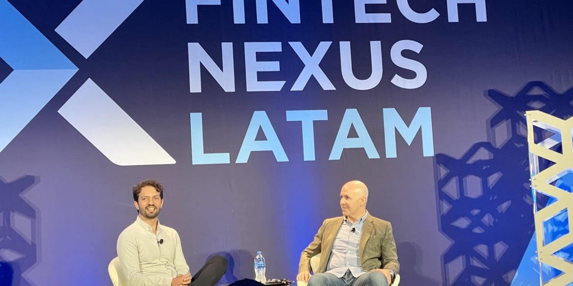 Thales Freitas, left, Bitso Brazil with moderator Andres Fontao, Finnovista, during their session at Fintech Nexus LatAm 2022 in Miami on Dec. 13, 2022.