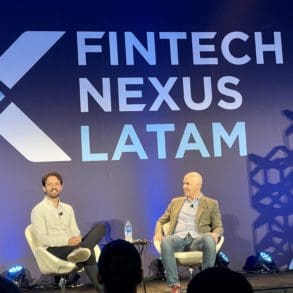 Thales Freitas, left, Bitso Brazil with moderator Andres Fontao, Finnovista, during their session at Fintech Nexus LatAm 2022 in Miami on Dec. 13, 2022.