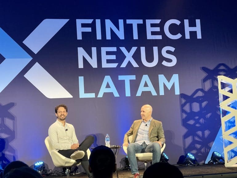 Thales Freitas, left, Bitso Brazil with moderator Andres Fontao, Finnovista, during their session at Fintech Nexus LatAm 2022 in Miami on Dec. 13, 2022.