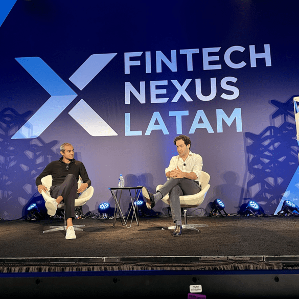 Arjuna Costa, Flourish Ventures, left, interviews David Poritz, Covalto, during the opening session Building a Diversified Fintech for Small Business, at Fintech Nexus LatAm 2022 in Miami on Dec. 14, 2022. | John K. White, Fintech Nexus News