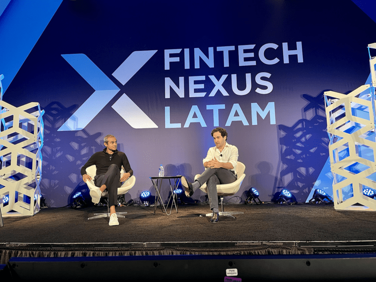 Arjuna Costa, Flourish Ventures, left, interviews David Poritz, Covalto, during the opening session Building a Diversified Fintech for Small Business, at Fintech Nexus LatAm 2022 in Miami on Dec. 14, 2022. | John K. White, Fintech Nexus News