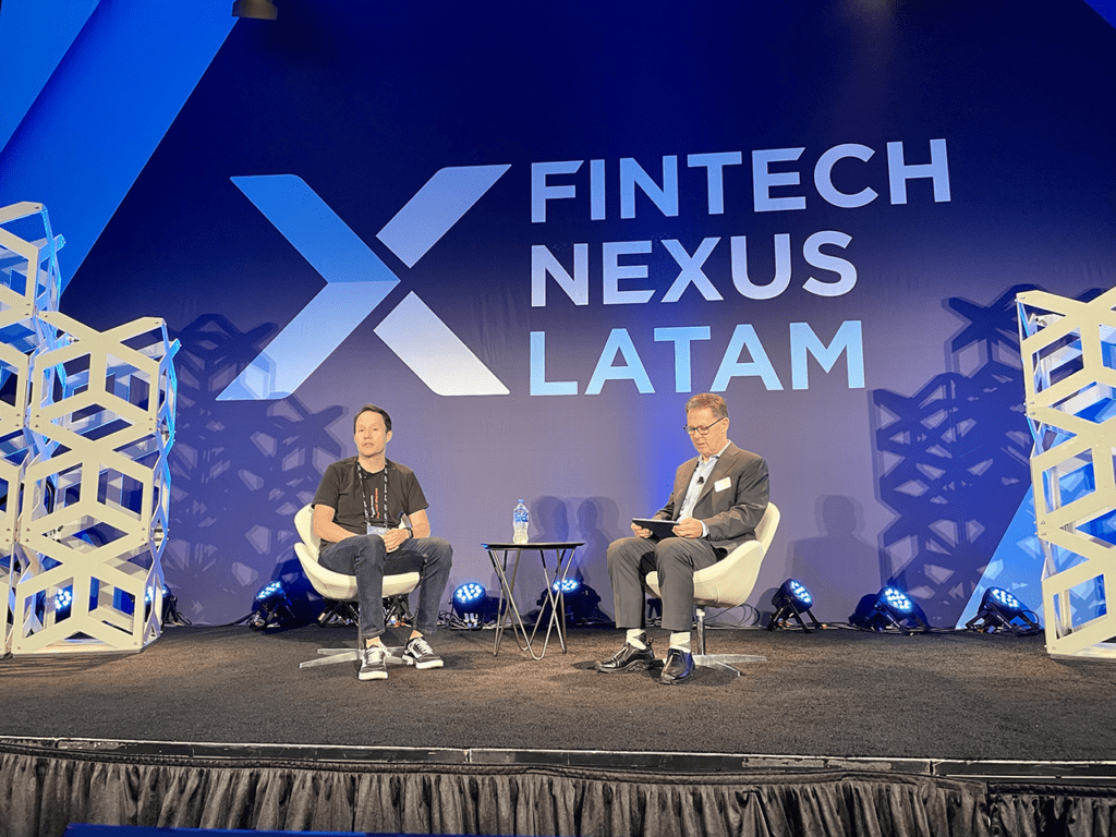 Jairo Ochoa, Inter, left, is interviewed by Fintech Nexus chairman Peter Renton for the Disrupting the Banking Ecosystem session.