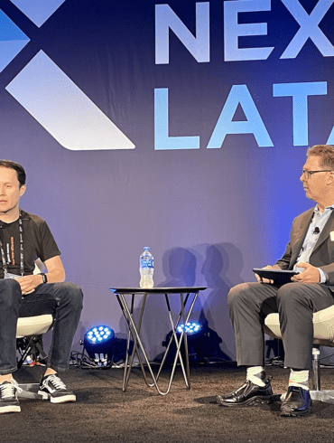 Jairo Ochoa, Inter, left, is interviewed by Fintech Nexus chairman Peter Renton for the Disrupting the Banking Ecosystem session.