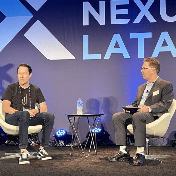 Jairo Ochoa, Inter, left, is interviewed by Fintech Nexus chairman Peter Renton for the Disrupting the Banking Ecosystem session.