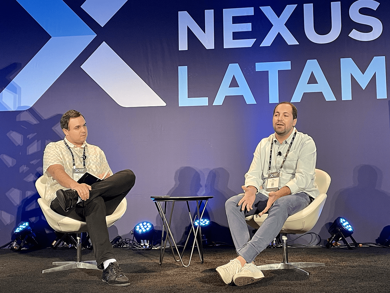 Moderator Miguel Armaza, Gilgamesh Ventures, left, interviews Aron Schwarzkopf, Kushki, for the session New Digital Payments Infrastructure Benefits Both Banks and Fintechs.
