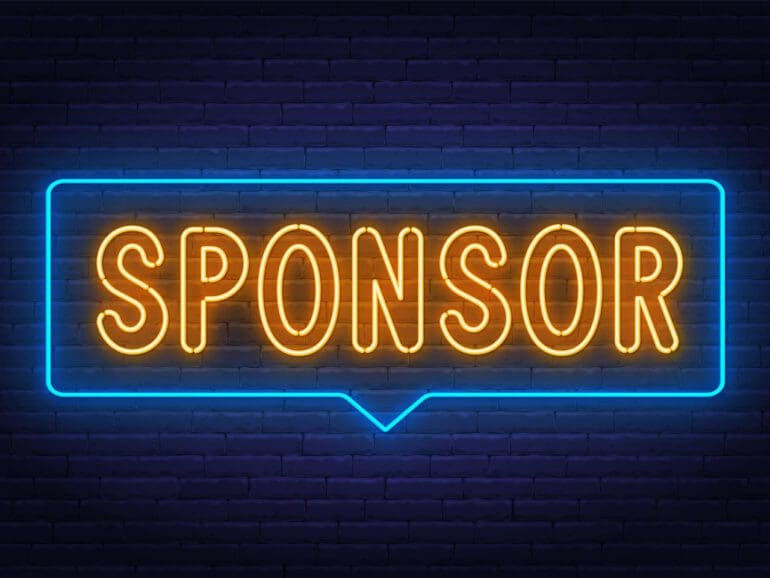 Sponsor neon sign on brick wall background. Vector illustration