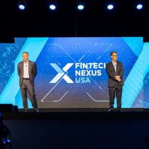 Fintech Nexus CEO Bo Brustkern, (left), joins Chairman Peter Renton to open the Fintech Nexus USA 2023 event on the keynote stage at the Javits Center in New York City on May 10, 2023.