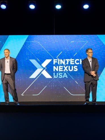 Fintech Nexus CEO Bo Brustkern, (left), joins Chairman Peter Renton to open the Fintech Nexus USA 2023 event on the keynote stage at the Javits Center in New York City on May 10, 2023.