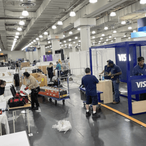 Vendors, staffers and contractors were busy building and setting up booths at the expo hall for Fintech Nexus USA 2023 at the Javits Center in New York on Tuesday, May 9, 2023.