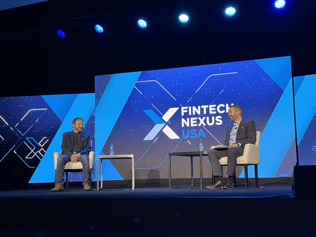 Alex Touma, Partner at Allen & Overy, interviews Simon Khalaf, Chief Executive Officer at Marqeta, Inc., on the keynote stage on Thursday at Fintech Nexus USA 2023 at the Javits Center.