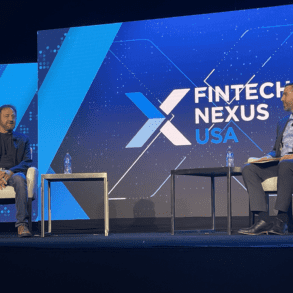 Alex Touma, Partner at Allen & Overy, interviews Simon Khalaf, Chief Executive Officer at Marqeta, Inc., on the keynote stage on Thursday at Fintech Nexus USA 2023 at the Javits Center.