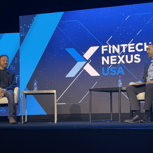 Alex Touma, Partner at Allen & Overy, interviews Simon Khalaf, Chief Executive Officer at Marqeta, Inc., on the keynote stage on Thursday at Fintech Nexus USA 2023 at the Javits Center.