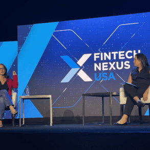 Liza Landsman CEO of Stash, left, is interviewed by Rebecca Kaden, Managing Partner at Union Square Ventures on the keynote stage at Fintech Nexus USA2023 at the Javits Center.