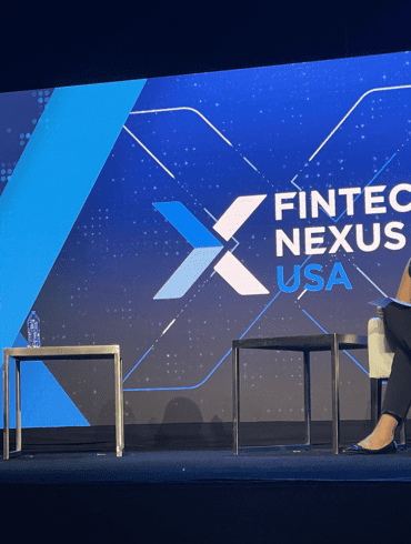Liza Landsman CEO of Stash, left, is interviewed by Rebecca Kaden, Managing Partner at Union Square Ventures on the keynote stage at Fintech Nexus USA2023 at the Javits Center.