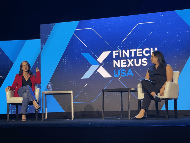 Liza Landsman CEO of Stash, left, is interviewed by Rebecca Kaden, Managing Partner at Union Square Ventures on the keynote stage at Fintech Nexus USA2023 at the Javits Center.