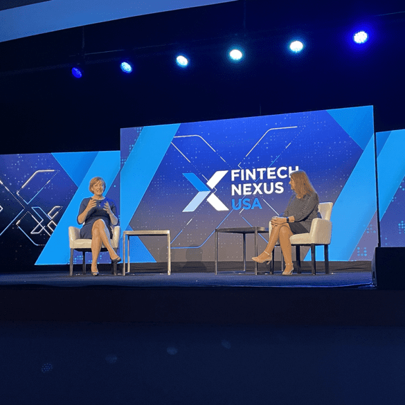 Caitlin Long, Founder & CEO of Custodia Bank, left, is interviewed by Jo Ann Barefoot, Co-Founder & CEO of Alliance for Innovative Regulation, on the keynote stage at Fintech Nexus USA 2023 at the Javits Centre in New York. | John K. White, Fintech Nexus.