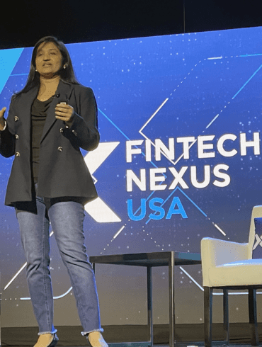 Ranjita Iyer from Mastercard delivers her keynote address on stage at Fintech Nexus USA 2023 on Wednesday at the Javits Center. | John K. White, Fintech Nexus
