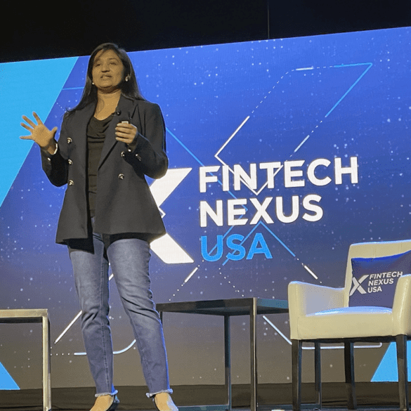 Ranjita Iyer from Mastercard delivers her keynote address on stage at Fintech Nexus USA 2023 on Wednesday at the Javits Center. | John K. White, Fintech Nexus