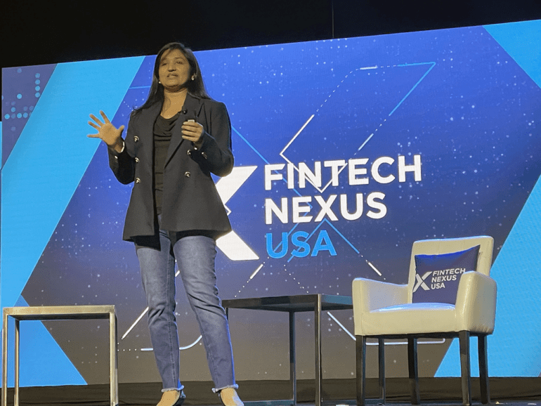 Ranjita Iyer from Mastercard delivers her keynote address on stage at Fintech Nexus USA 2023 on Wednesday at the Javits Center. | John K. White, Fintech Nexus