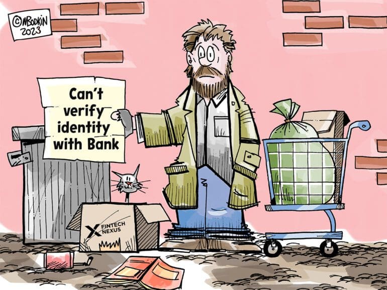 Homeless person holding sign that says can't verify identity with bank