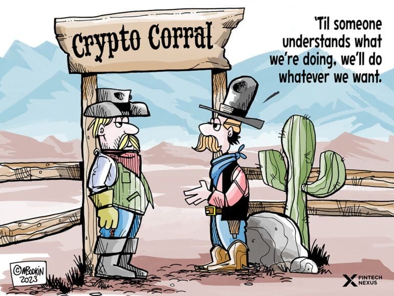 Two grizzled cowboys at the "Crypto Corral" and one says "'til someone understands what we're doing, we'll do whatever we want."