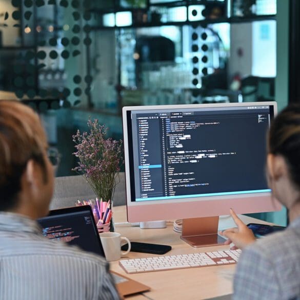 Programer team working in modern office, and meeting on computer coding.