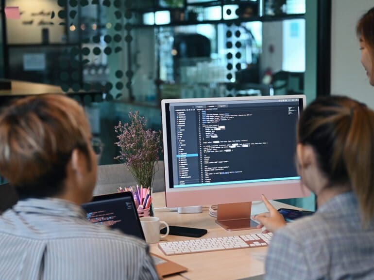 Programer team working in modern office, and meeting on computer coding.