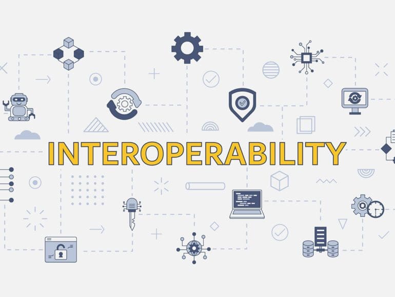 interoperability concept with icon set with big word or text on center vector illustration