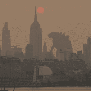 Photoshop of Godzilla walking through NYC in the smoke