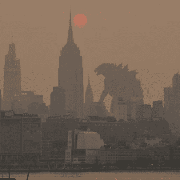 Photoshop of Godzilla walking through NYC in the smoke